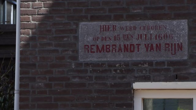 Plaquette in Leiden, the Netherlands marking the birthplace of famous painter Rembrandt van Rijn