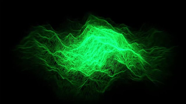 Glowing green digital synthetic landscape hologram grid in the matrix or video game