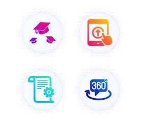 Swipe up, Throw hats and Technical documentation icons simple set. Button with halftone dots. 360 degree sign. Scrolling screen, College graduation, Manual. Virtual reality. Science set. Vector