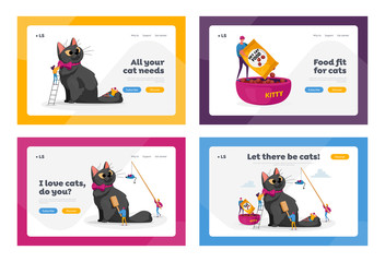 Animals Care Landing Page Template Set. People Spend Time with Pet. Characters Caring of Cat, Play, Dressing or Comb