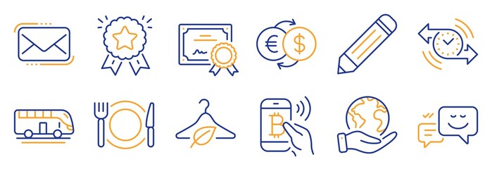 Set of Business icons, such as Restaurant food, Bus tour. Certificate, save planet. Timer, Bitcoin pay, Money exchange. Slow fashion, Ranking star, Messenger mail. Vector