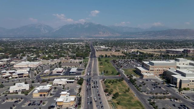 Drone rising over freeway near Riverton Hospital, Salt Lake City, Utah