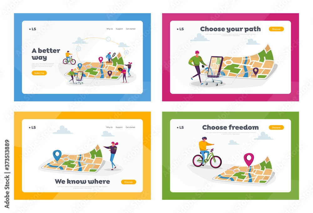 Poster Gps Navigation Positioning Landing Page Template Set. Tiny Characters at Huge Location Map Use Online Geolocation App