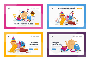 Tea Drinking, Ice Cream Treat Landing Page Template Set. Tiny Characters at Huge Teapot, Cup with Beverage and Milk