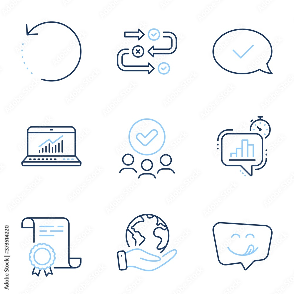Poster statistics timer, approved message and survey progress line icons set. diploma certificate, save pla