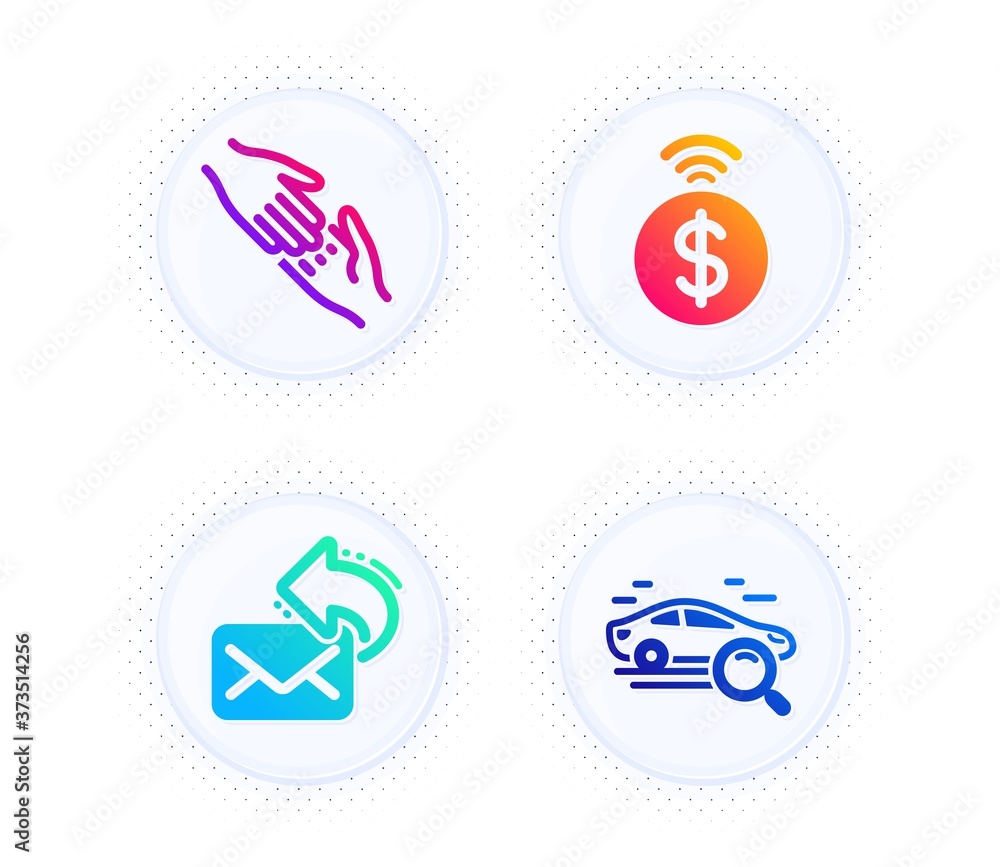 Poster helping hand, share mail and contactless payment icons simple set. button with halftone dots. search