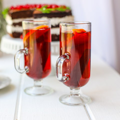 mulled red wine glass winter drink hot juice serving size spices beverage New Year's and Christmas natural product portion top view place copy space for text