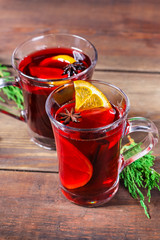 mulled red wine glass winter drink hot juice serving size spices beverage New Year's and Christmas natural product portion top view place copy space for text