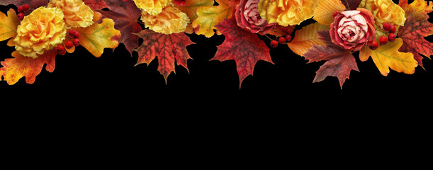 Fall floral banner, header with copy space. Bouquets of autumn flowers. Roses, yellow oak and red maple leaves isolated on black background.