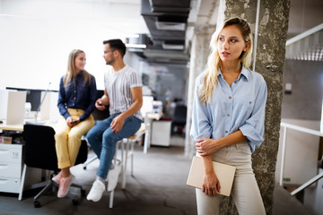 Happy creative team in office. Business, startup, design, people and teamwork concept