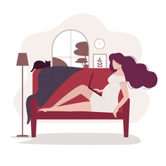 Working at home. Pregnant woman resting on the sofa. Young pretty girl uses laptop in the room or apartment, browsing news. Freelance worker, self employed. Isolated vector illustration