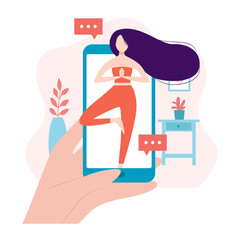 Online yoga. Stay at home concept. Physical exercise by internet with instructor. Girl shows asanas. Training by mobile app. Healthy lifestyle. Vector illustration