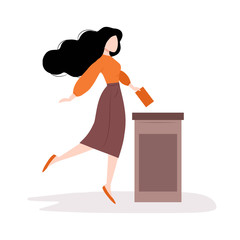 Voting and election concept. Girl is putting paper ballot with vote into the box. Pre-election campaign. Isolated vector illustration