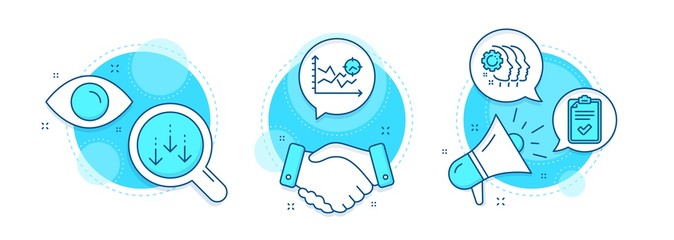 Scroll down, Seo analysis and Employees teamwork line icons set. Handshake deal, research and promotion complex icons. Checklist sign. Swipe screen, Targeting chart, Collaboration. Survey. Vector
