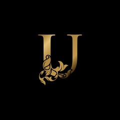 Golden Luxury U Letter Initial Logo Icon, Monogram Ornate Nature Floral Leaf Letter Logo Design