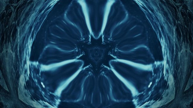 Fractal animation. Ink water. Blur blue symmetrical pattern motion abstract background. Futuristic dynamic kaleidoscope design. Electric glowing ornament. Dimensional portal.