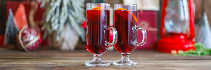 mulled red wine glass winter drink hot juice serving size spices beverage New Year's and Christmas natural product portion top view place copy space for text