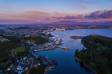 Aerial view of the city of Puerto Montt with its Tenglo channel and its bay within the Reloncavi