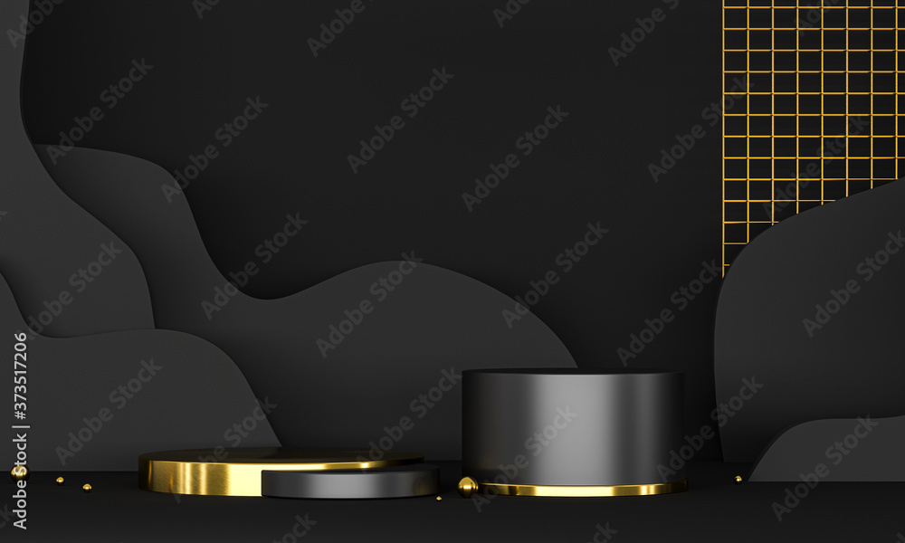 Poster 3d rendering podium black and gold elements. abstract geometric shape blank podium. minimal scene st
