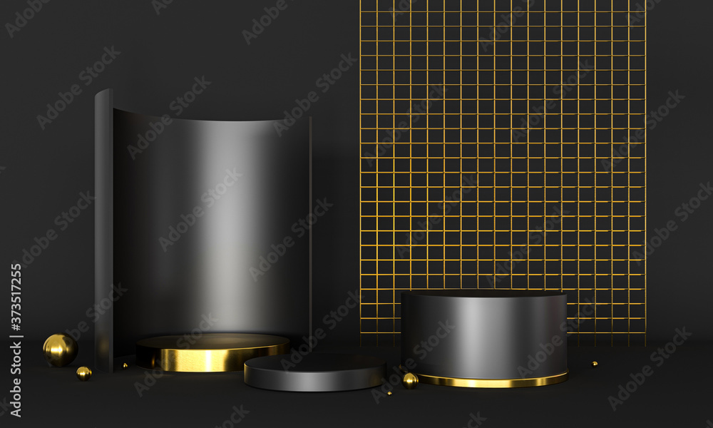 Poster 3d rendering podium black and gold elements. abstract geometric shape blank podium. minimal scene st