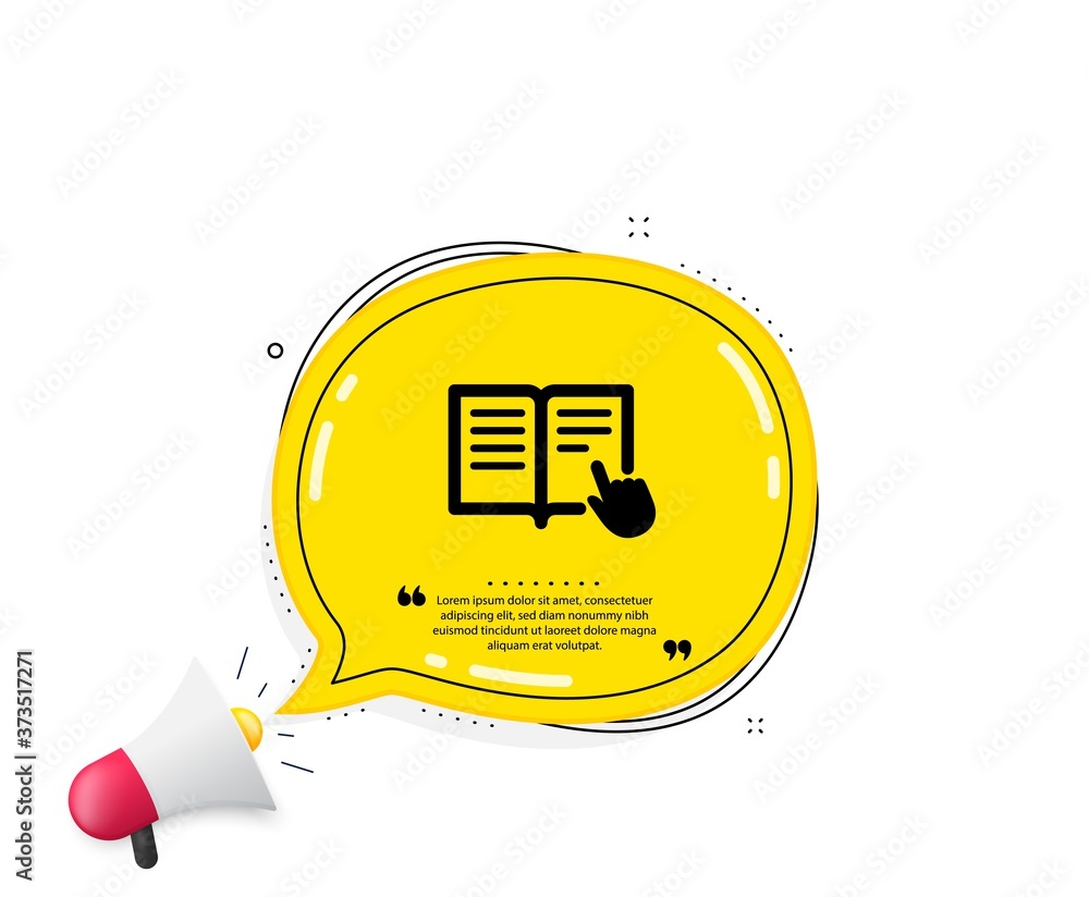 Poster instruction book icon. quote speech bubble. education with hand pointer symbol. e-learning sign. quo
