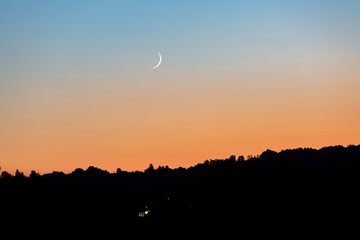 A young moon on an orange-blue sunset sky over a dark forest. Horizontal orientation. High quality photo