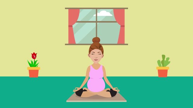 Pregnant woman exercising yoga in the living room