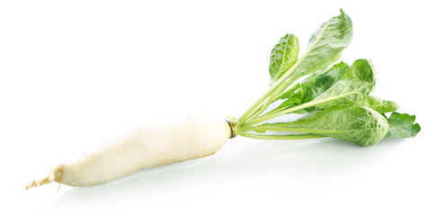 fresh white radish with slices isolated on white background.