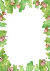 This is a watercolor autumn frame. Hand-drawn leaves, oak, acorns, mushrooms.  © FunDesign