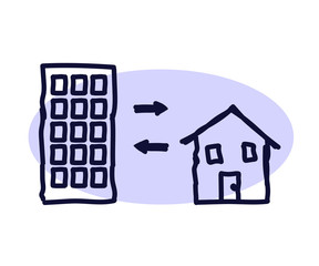 Exchange of a city apartment and a village house on a white background. Vector illustration.