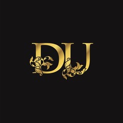 Golden Ornate Luxury Floral D and U, DU Letter Initial Logo Icon, Monogram Floral Leaf Logo Design.