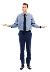 Comparison concept - confident businessman showing, holding or giving something on both flat hands for similar choice, isolated over white background. Copy space area for some text. Full body portrait