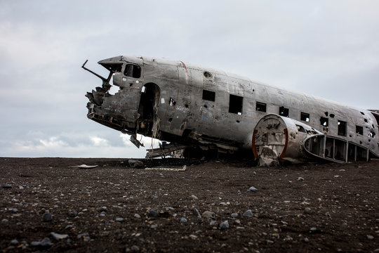 The fuselage of a crashed US Navy DC-3 plane near Vik, Iceland.
