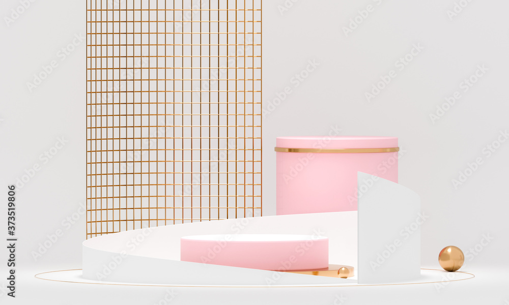 Poster 3d rendering white podium geometry with gold elements. abstract geometric shape blank podium. scene 