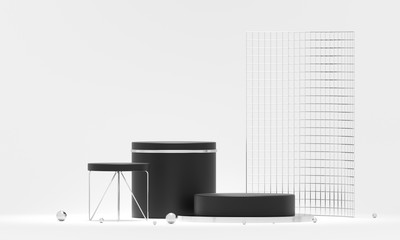 3D rendering podium geometry. Abstract geometric shape blank podium. Minimal scene square step floor abstract composition. Empty showcase, pedestal platform display.
