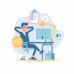 Cool vector design element on time and task management with relaxed successful office worker satisfied with his productivity