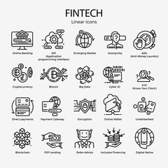 Cool vector set of monoweight linear icons and symbols on Fintech. Editable stroke design elements on innovative Financial Technology, featuring Blockchain, direct payments,