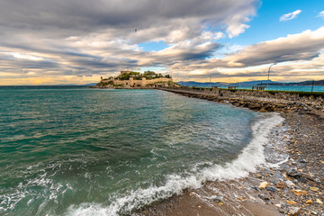 Pigeon Island view in stormy weather in Kusadasi Town of Turkey