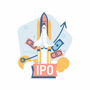 Cool Vector Minimalistic IPO Or Initial Public Offering Corporate Stock Themed Illustration With Finance Themed Elements And Space Shuttle Taking Off