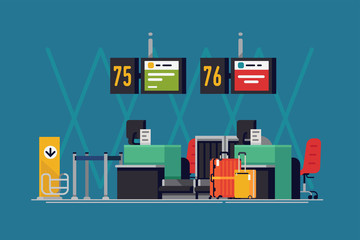 Cool vector background on airport check-in desk in trendy flat design. Travel themed illustration on international airport terminal airline counters with luggage and abstract flight information boards