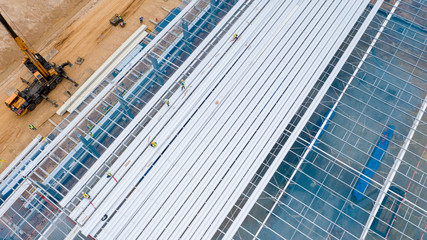 Steel roof structure at construction site