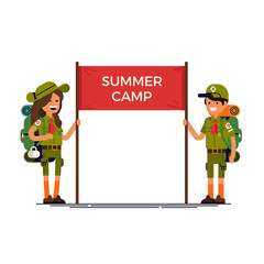 Cool vector design element on kids summer camp with couple of caucasian kids wearing hiking backpacks and scout uniform holding 'Summer Camp' sign