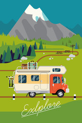 Cool vector 'Explore' poster template with summer in mountains featuring camping caravan truck with bicycles and luggage riding scenic road