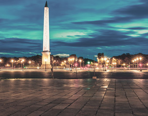 Place de la Concorde and Obelisk of Luxor at Night, Paris, France