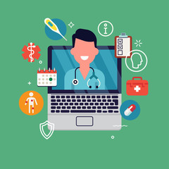 Quality flat vector illustration on remote healthcare consultation or telemedicine with medic on laptop display and healthcare themed icons