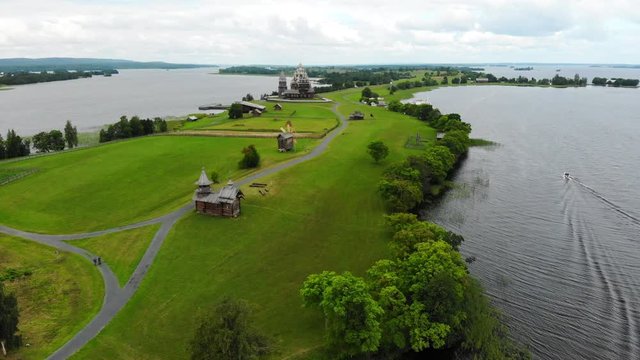Aerial view panorama of Kizhi island. Onega lake, Karelia, Russia.