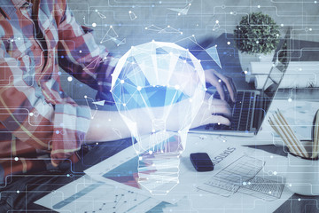 Growing arrows with businessman working on computer on background. Success concept. Double exposure.