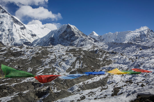 Island Peak seen past prayer flags in Nepal's Khumbu Valley.