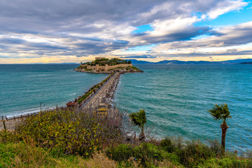 Pigeon Island view in stormy weather in Kusadasi Town of Turkey