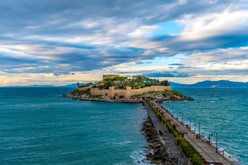 Pigeon Island view in stormy weather in Kusadasi Town of Turkey